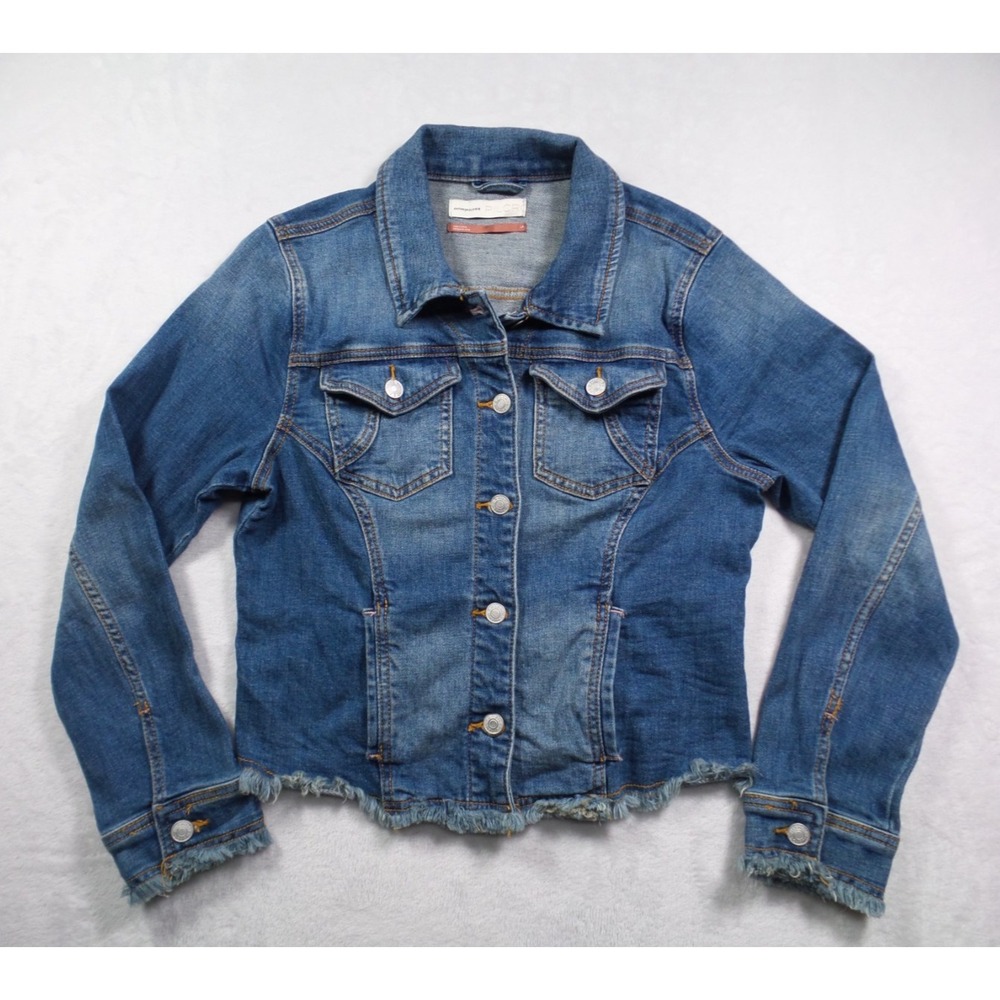 Anthropologie Pilcro Jacket Womens Size L Petite Blue Denim Raw Hem Button Up - Picture 1 of 14